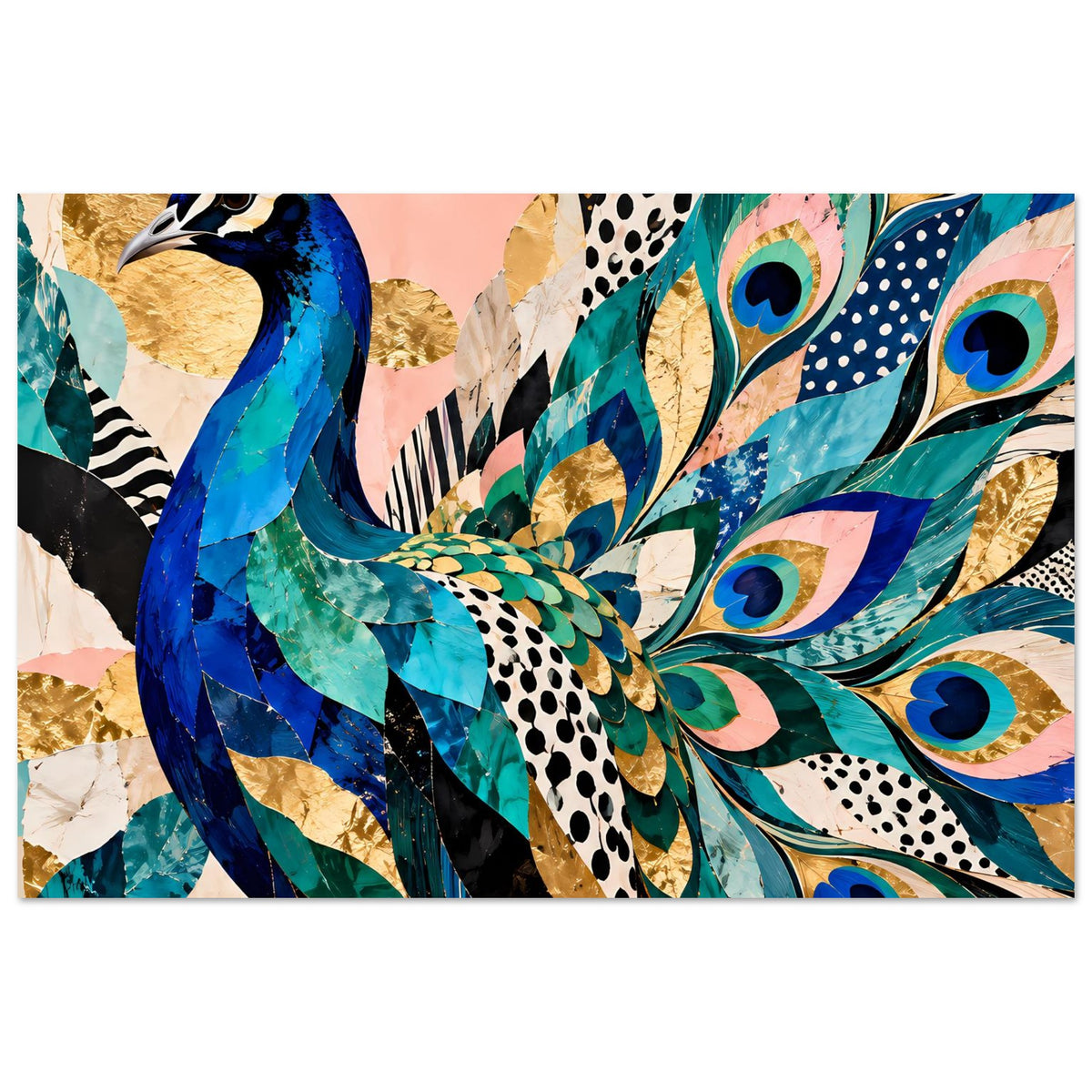 Kunstposter mit Pfau in leuchtenden Blau- und Türkistönen, goldene Highlights und Muster.