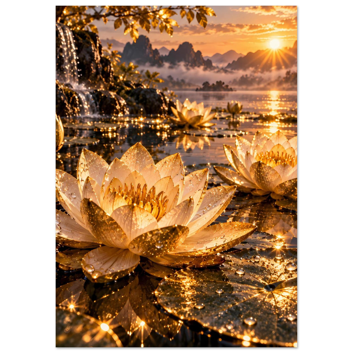 Rechteckiges Poster mit goldener Lotusblüte im Vordergrund, funkelnden Lichtern und Sonnenaufgang