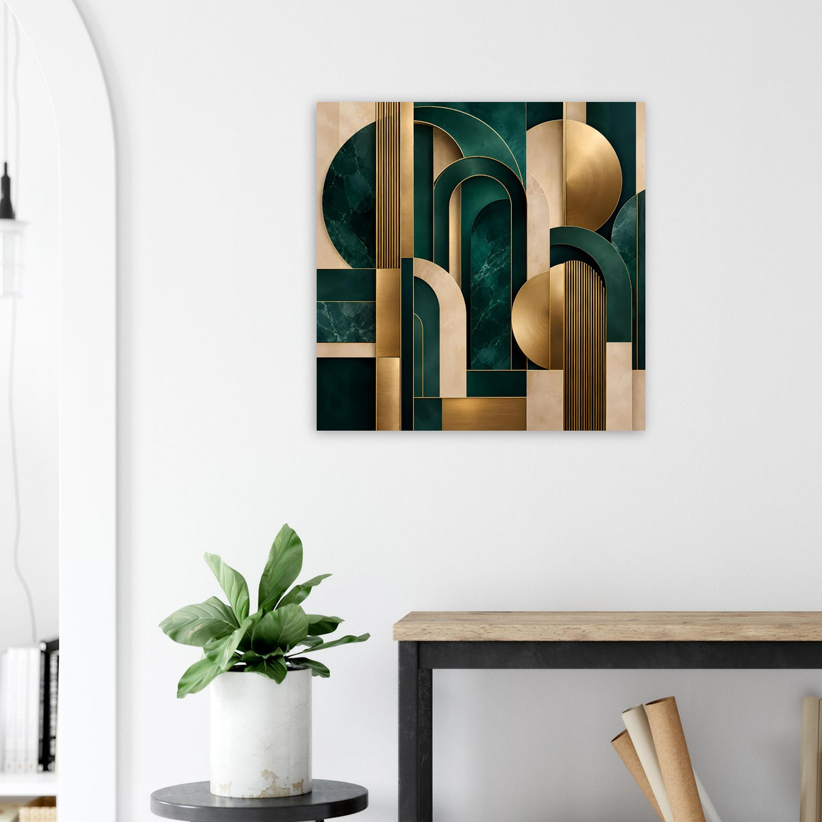 Art-Deco-Poster: goldene Formen vor dunkelgrünem Hintergrund mit Rundbögen