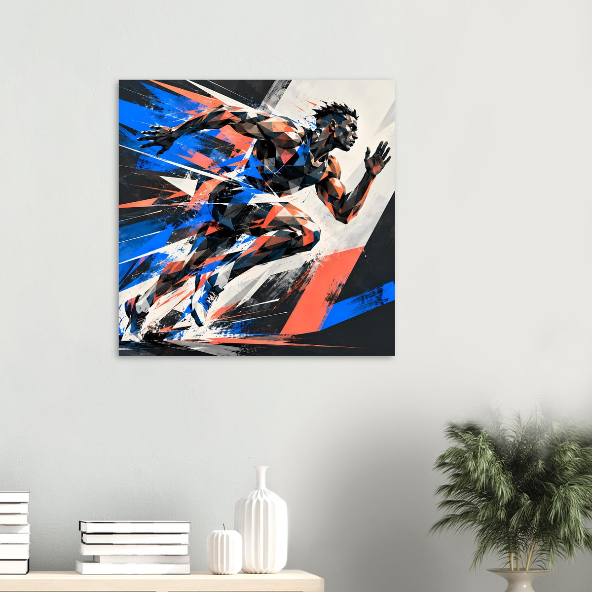 Kleines Dynamisches Poster: abstrakter Sportler in Blau-Orange-Kontrasten auf weißlichem Grund
