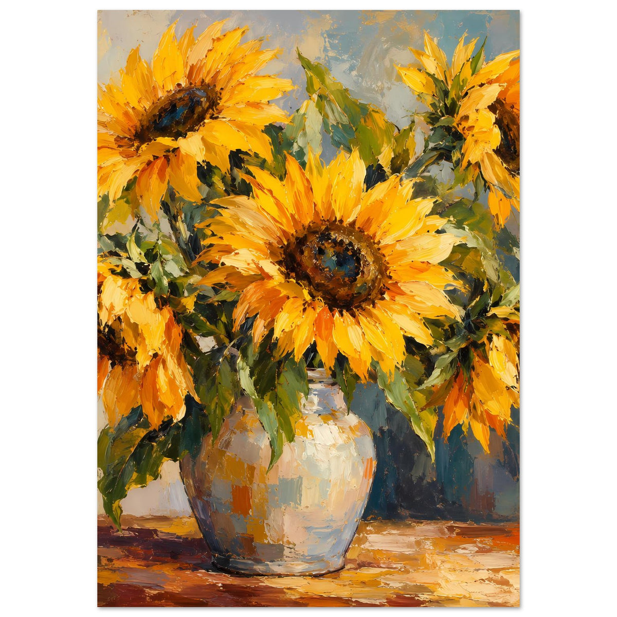 Sonnenblumen-Stillleben-Poster, vertikal: gelbe Blumen in Glasvase vor farbigen Pinselstrichen
