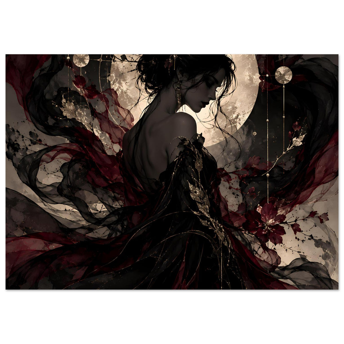 Poster im Querformat: Frauensilhouette im dunklen Kleid, Mondscheibe, burgunderrote Ranken
