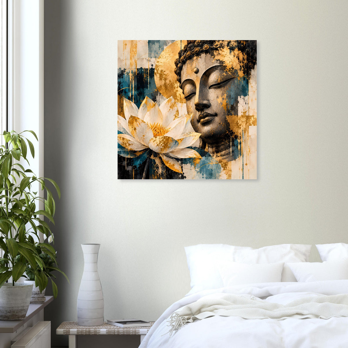 Quadratisches Buddha-Poster mit Lotusblüte und goldfarbenem Buddha-Gesicht