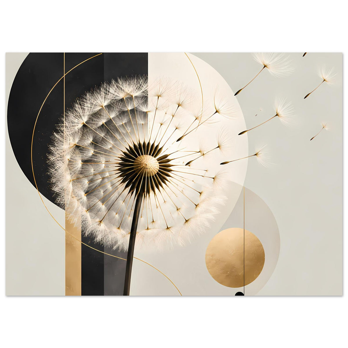 Dandelion-Poster mit großer Pusteblume und goldenen Akzenten, viele feine Samen