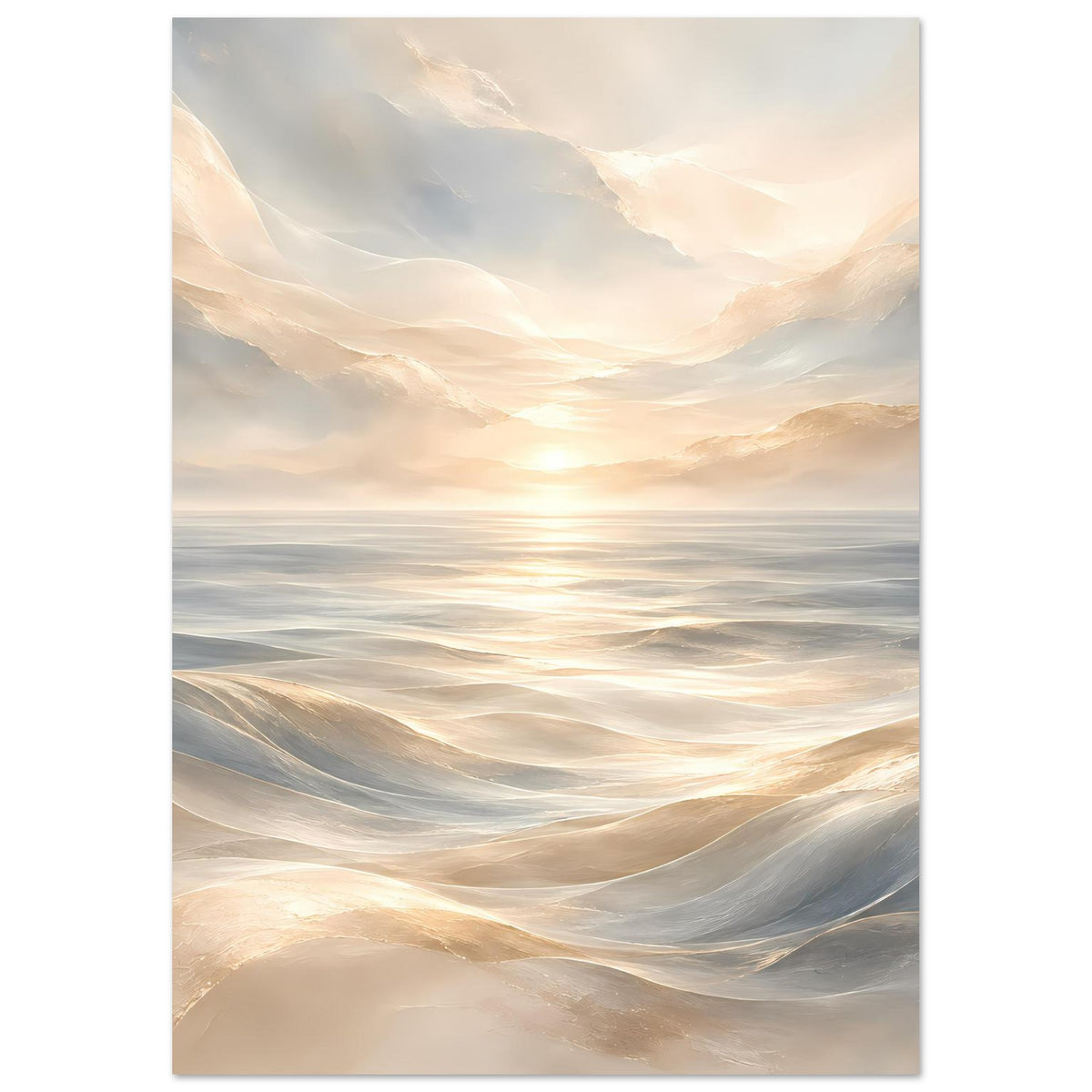Ozeanwellen-Poster mit goldenem Licht, ruhiges Meer und weiche Wellenlinien in Beige und Grau