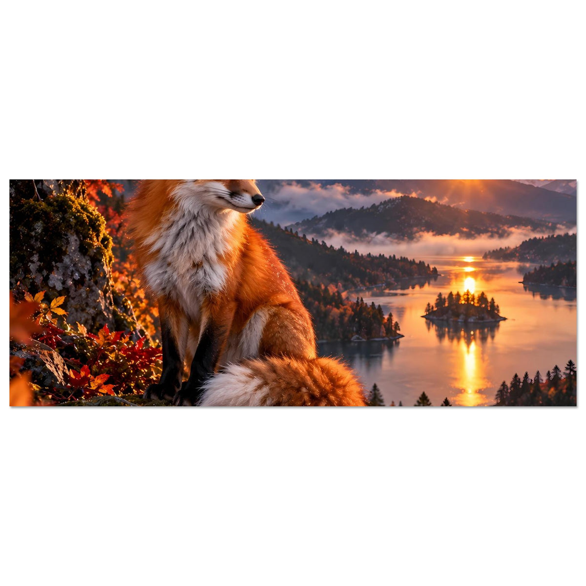 Horizontales Naturposter: Rotfuchs im Vordergrund, Herbstlaub und Sonnenuntergang über See