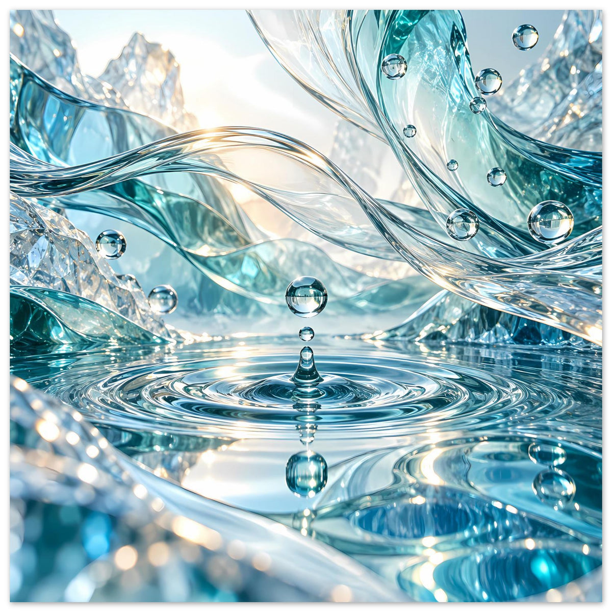 Horizontales Wasserwelt-Poster mit gläsernem Wasserlook, schimmernden Tropfen und Wellenkranz