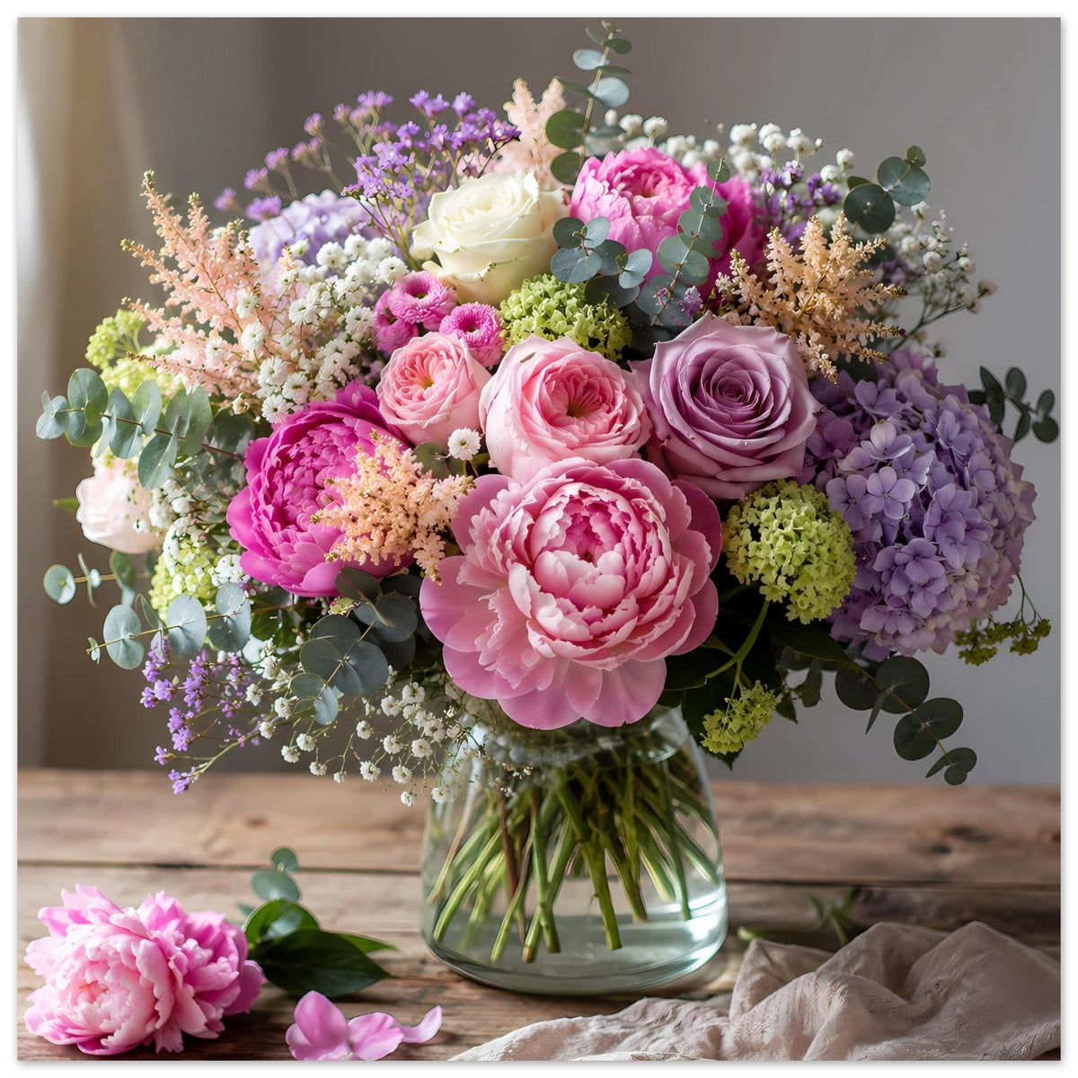 Blumenposter mit buntem Blumenstrauß in Vase, pastellige Rosa-, Lila- und Grüntöne