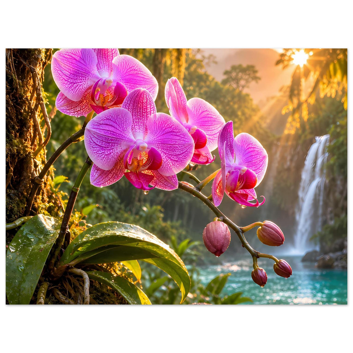Naturposter mit großen pinken Orchideenblüten auf Ast, Wasserfall und tropische Pflanzen