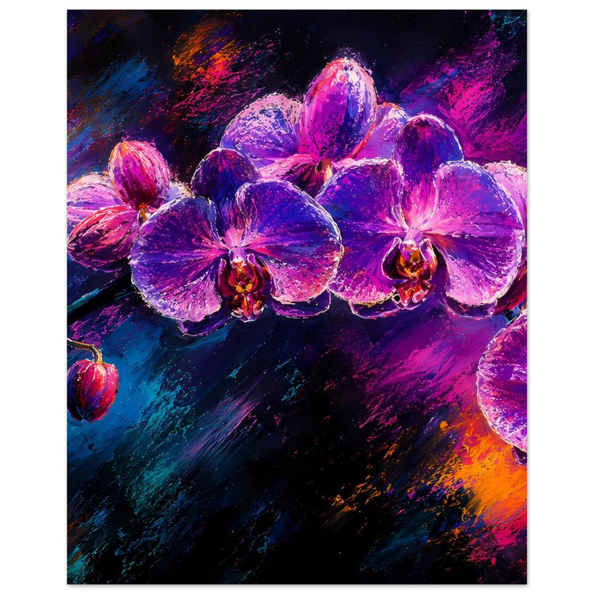 Vertikales Poster im Rahmen mit violetten Orchideenblüten und pinken Farbwirbeln