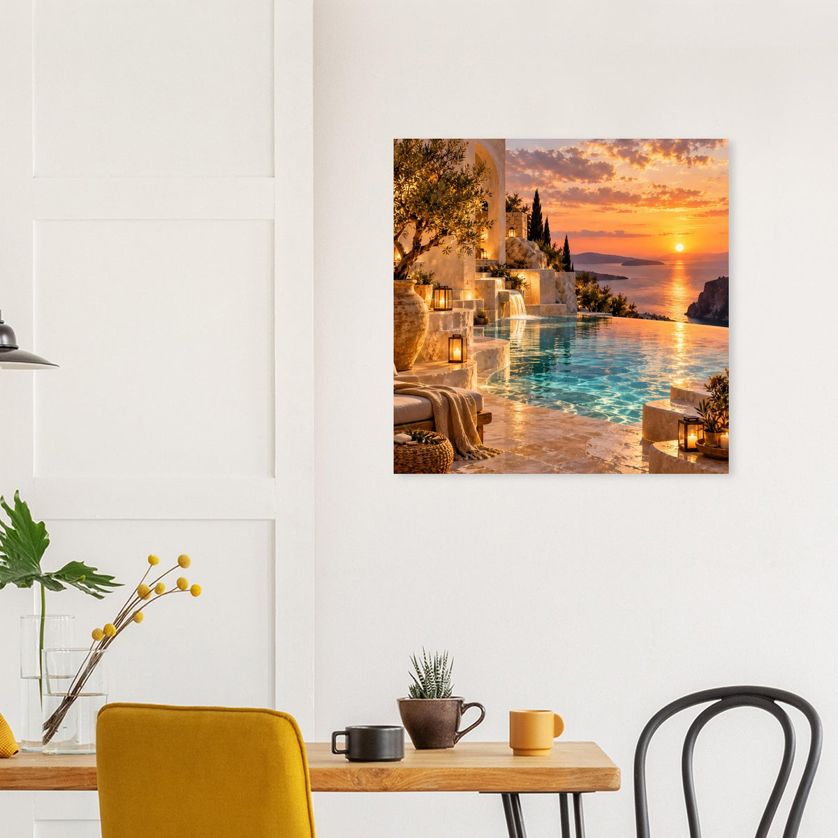 Quadratisches Poster mit Sonnenuntergang am Meer, beleuchtete Sitzplätze am Strand