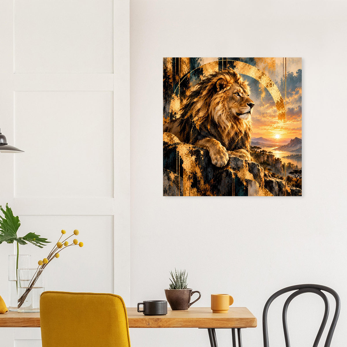 Wandposter mit Löwe im Sonnenuntergang, dramatisches Licht und goldene Kreisform