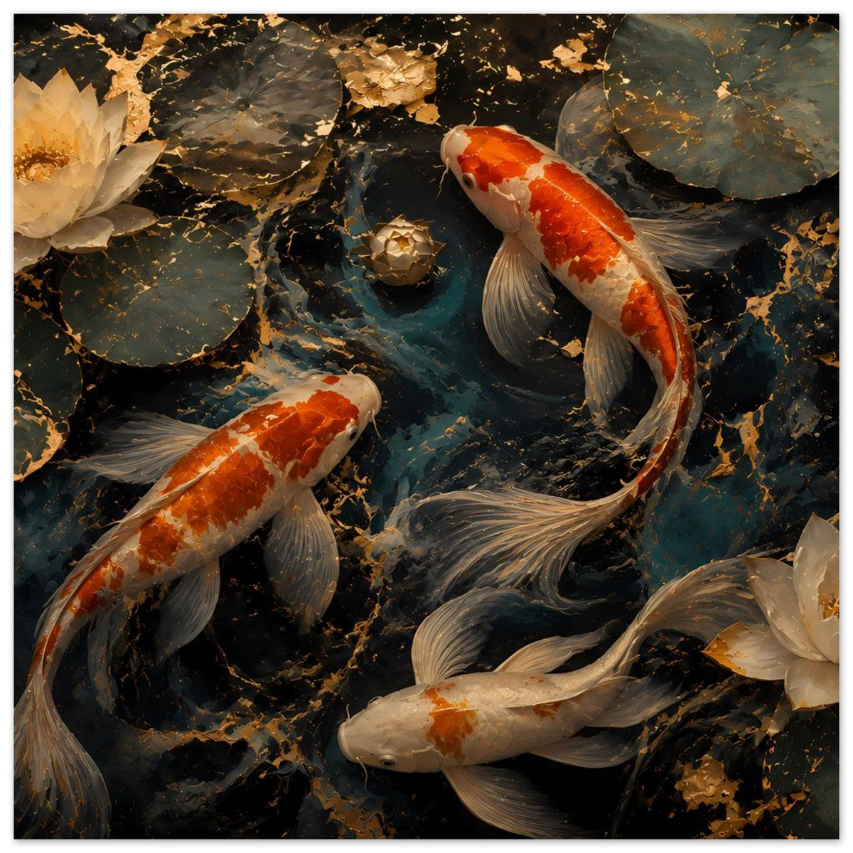 Koi-Teich-Kunstposter mit rot-orangefarbenen Koi, hellen Flossen und funkelnden Felsen im Wasser