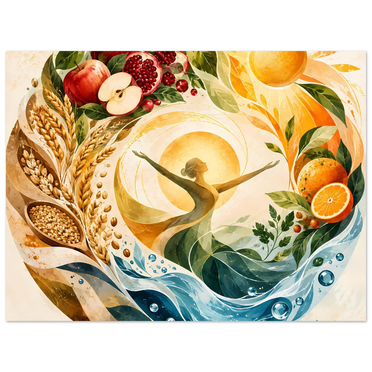 Poster mit Sonne und Wellen, Erntefrüchten, Ähren und Frauensilhouette im warm-kühlen Mix