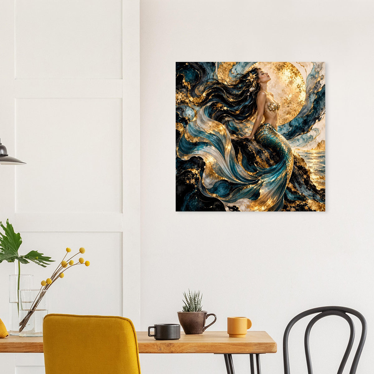 Quadratisches Wandposter mit Meerjungfrau-Motiv in dunklem Türkis und Gold, goldener Mond