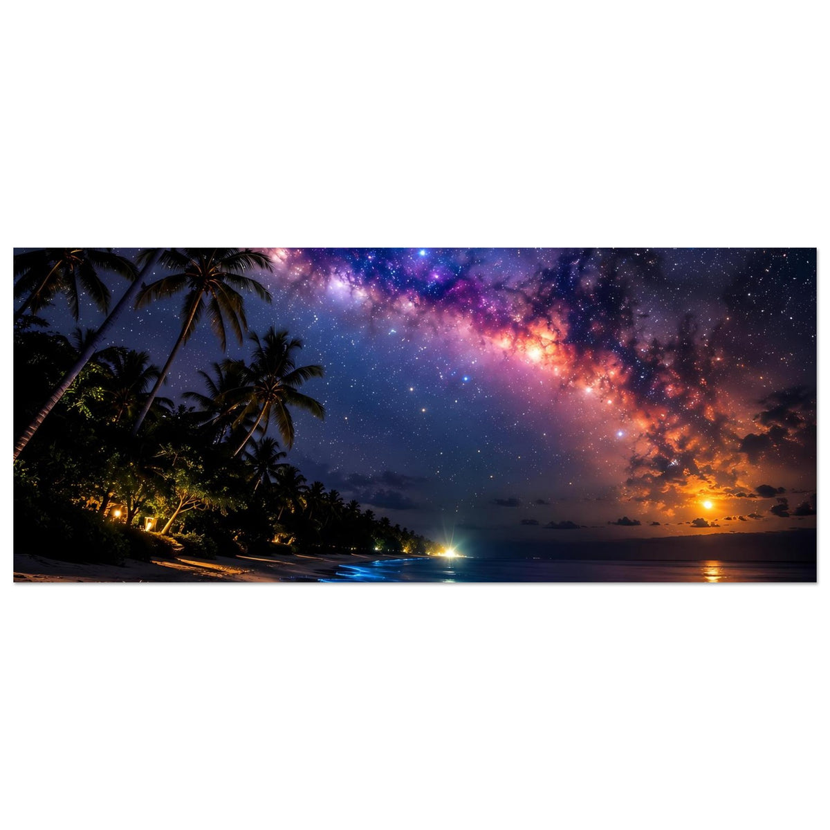 Schmaleres Horizontal-Poster: tropischer Strand bei Nacht mit Palmengen und Milchstraße