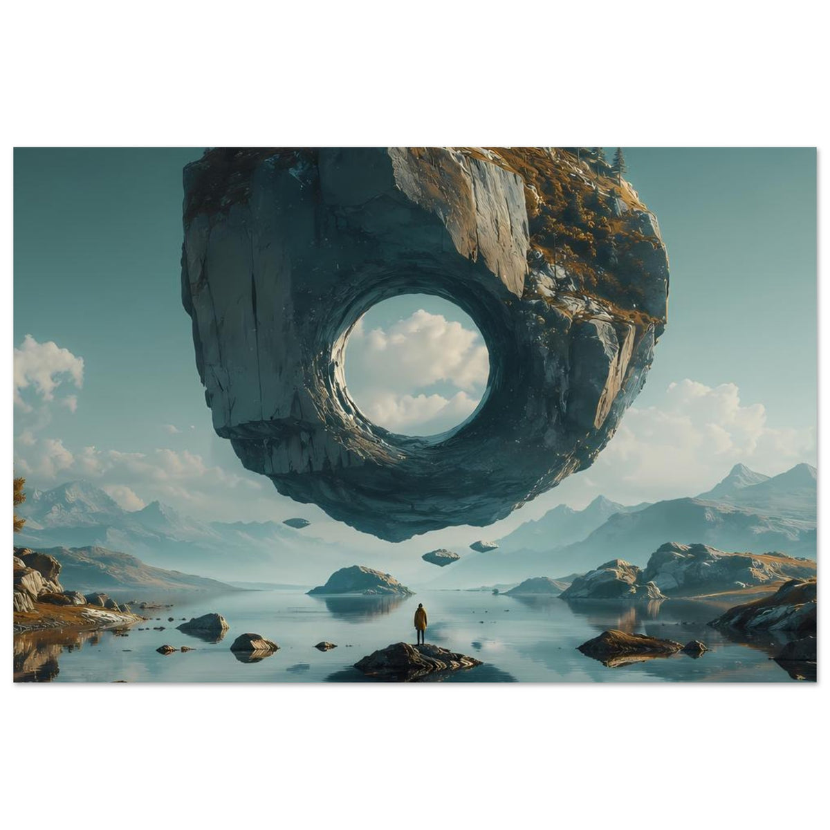Surreales Poster: schwebender Felsring über Wasser, ruhige Bucht mit Inseln und Steg.
