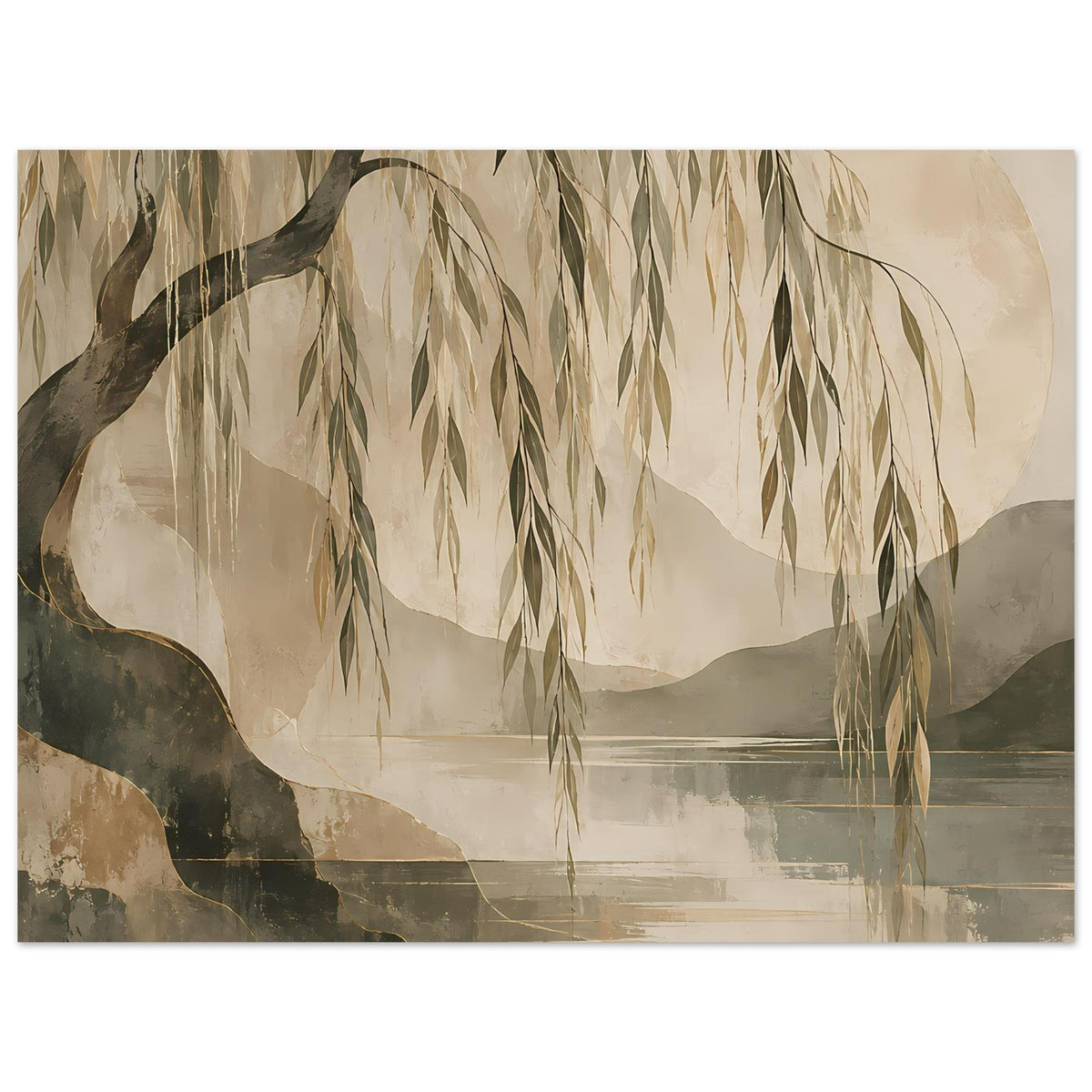 Wandposter hochkant mit Weidenranken, Uferlinie und ruhigem Wasser in Naturtönen