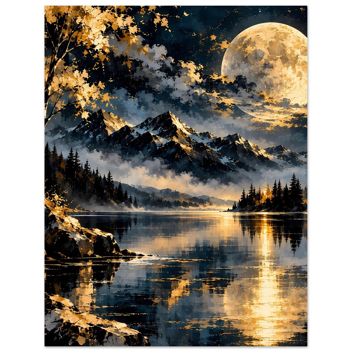 Landschaftsposter im Hochformat mit Vollmond über Bergsee, Berge, Wald und warmen Lichtreflexen.