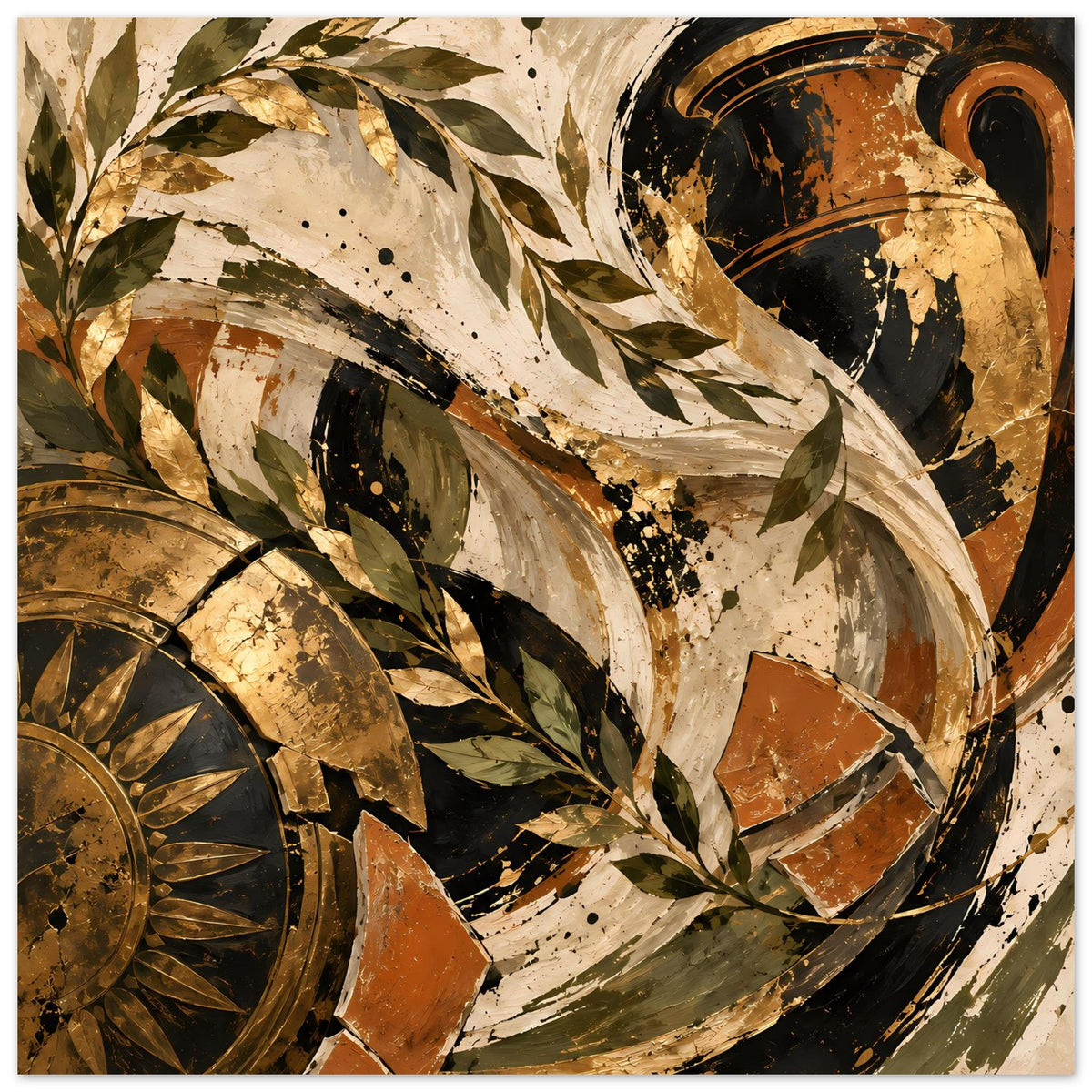 Vintage-Stil Poster, abstraktes Blatt- und Spiralmuster in Gold, Braun, Grün und Schwarz