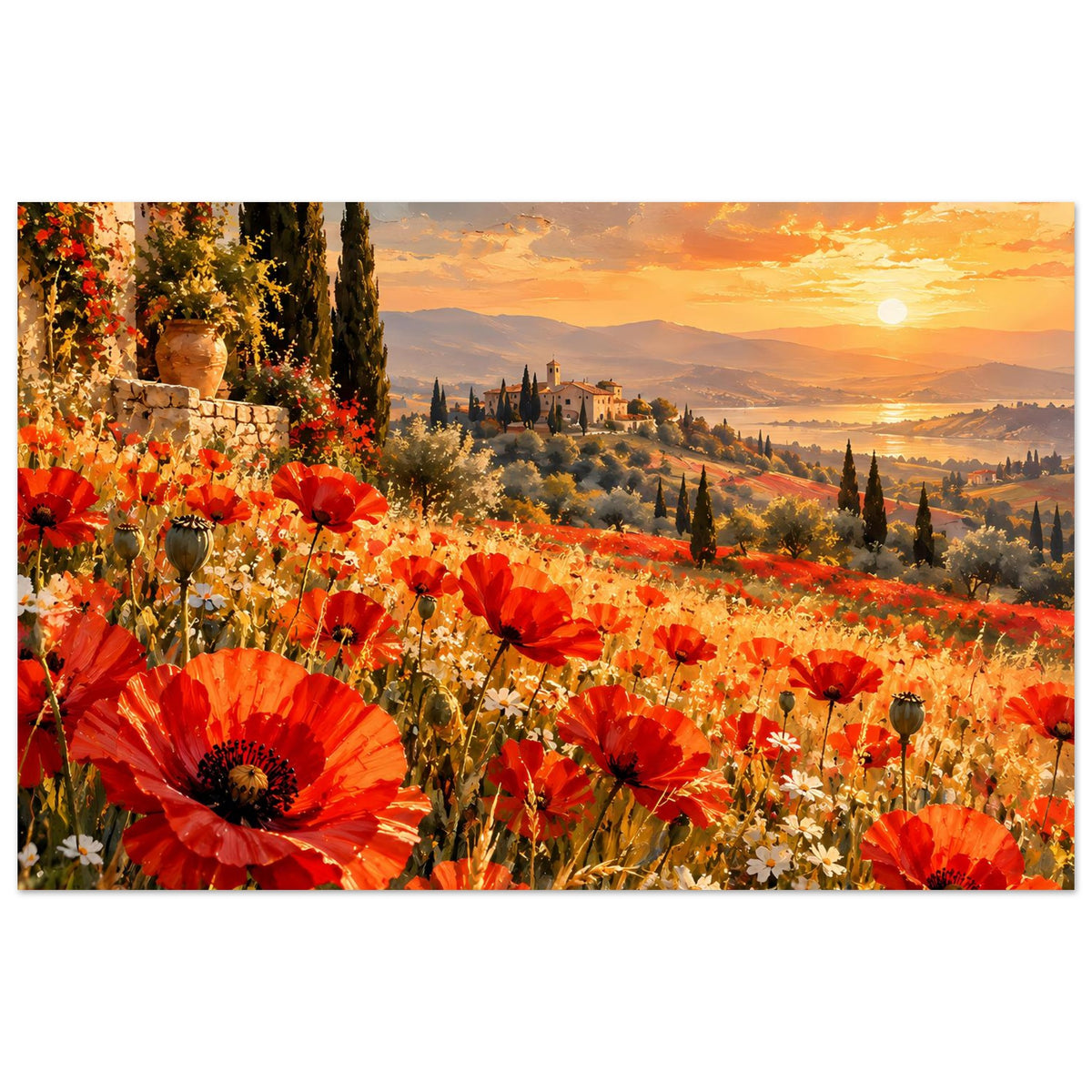 Poster Querformat: roter Mohn, Landschaft mit Sonnenuntergang und goldenem Himmel