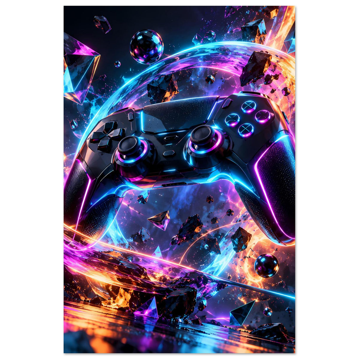 Futuristisches Gaming-Poster mit Neon-Controller-Motiv, leuchtende Farben und Sci‑Fi-Elementen