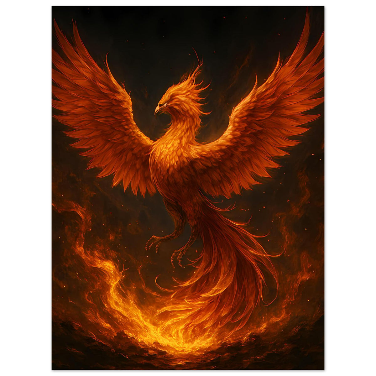 Vertikales Poster mit Feuerphönix, goldene Flammen am unteren Rand, dramatischer Look