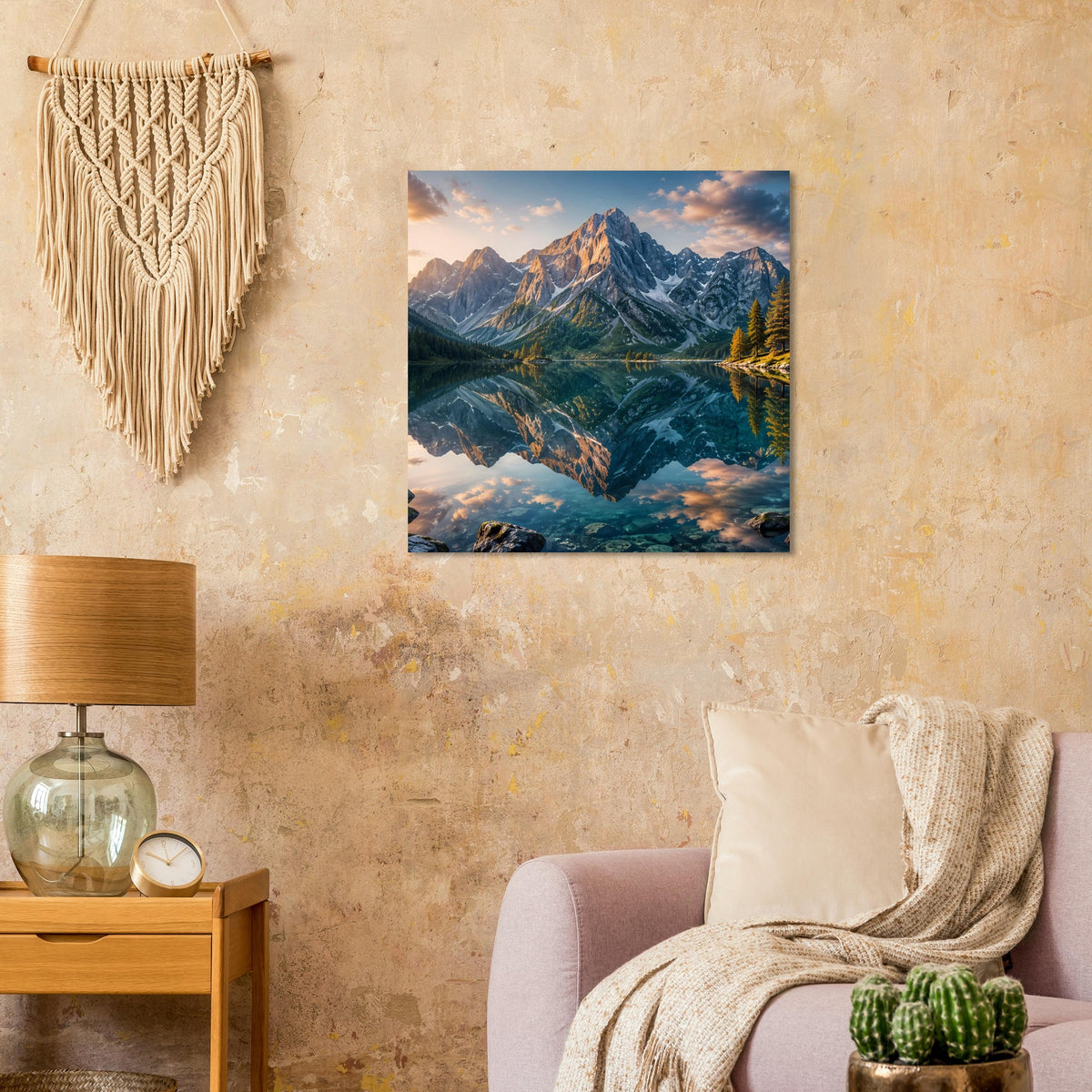 Landschaftsposter mit Berglandschaft und reflektierendem See, warme Abendfarben, quadratisch