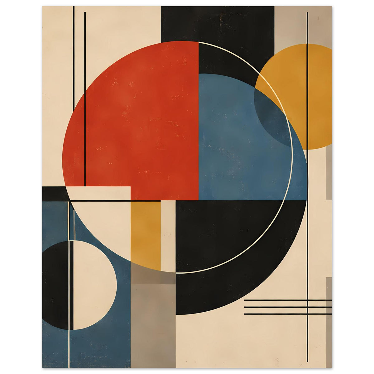 Abstraktes Geometrie-Poster (Hochformat) mit großen Kreisen, Rechtecken und Linien in Rot, Blau, Schwarz.