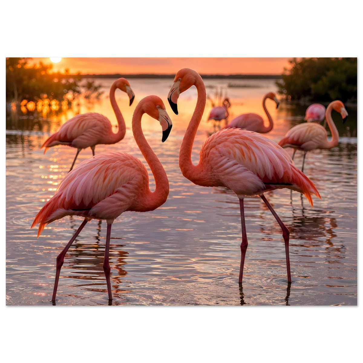 Poster mit rosa Flamingos am Ufer: mehrere Vögel im Wasser, Sonnenuntergang