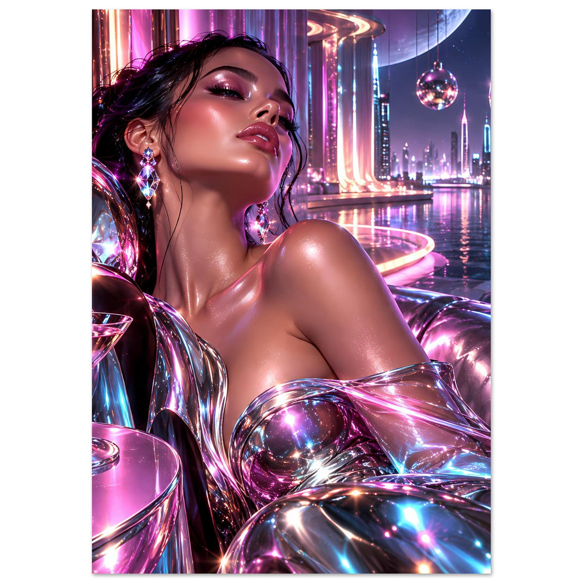 Neon-Glitzerposter mit Frau in Metallic-Kleidung, violette Lichter, schimmernde Kugeln