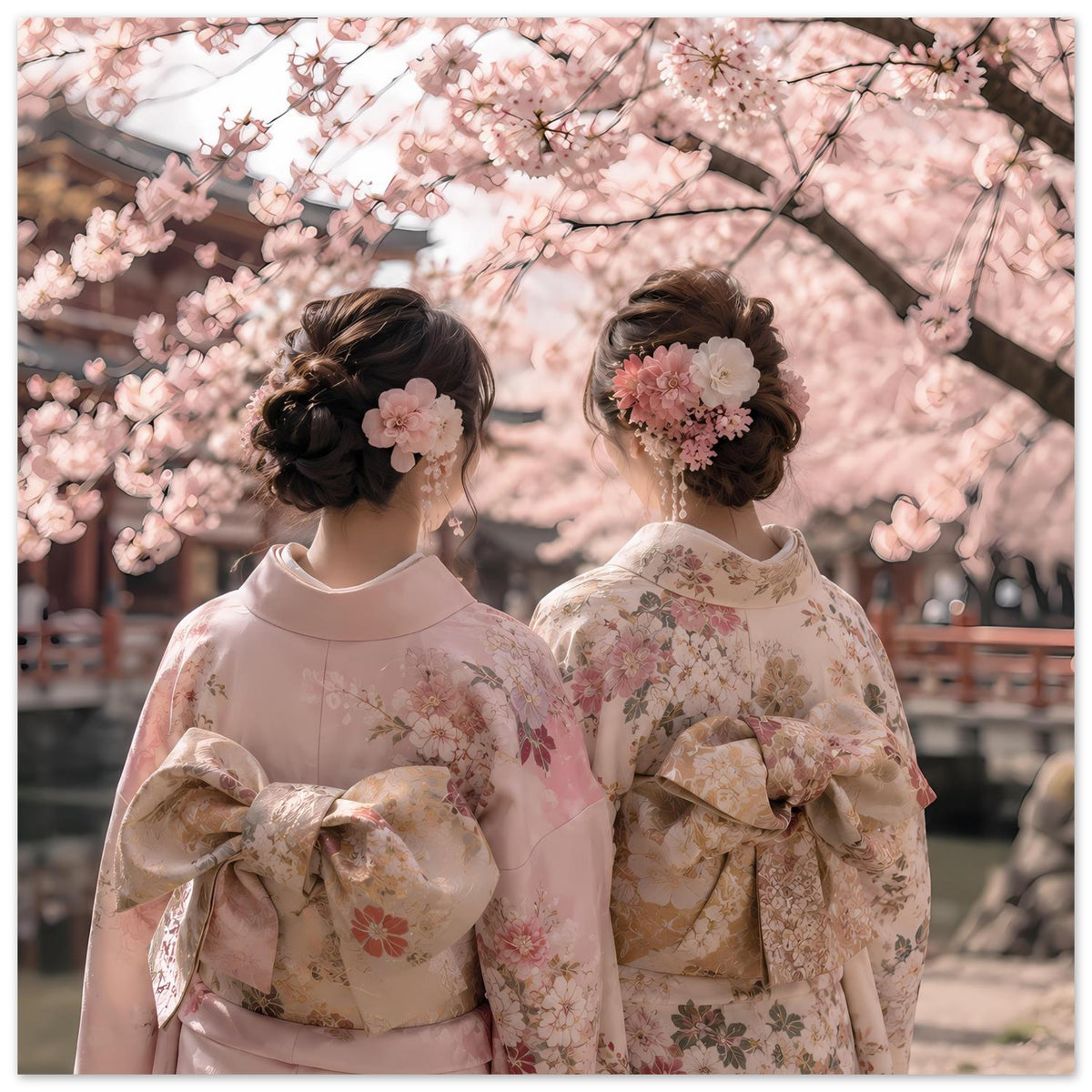 Poster: zwei Personen in Pastell-Kimonos mit großen Schleifen, Kirschblütenzweige