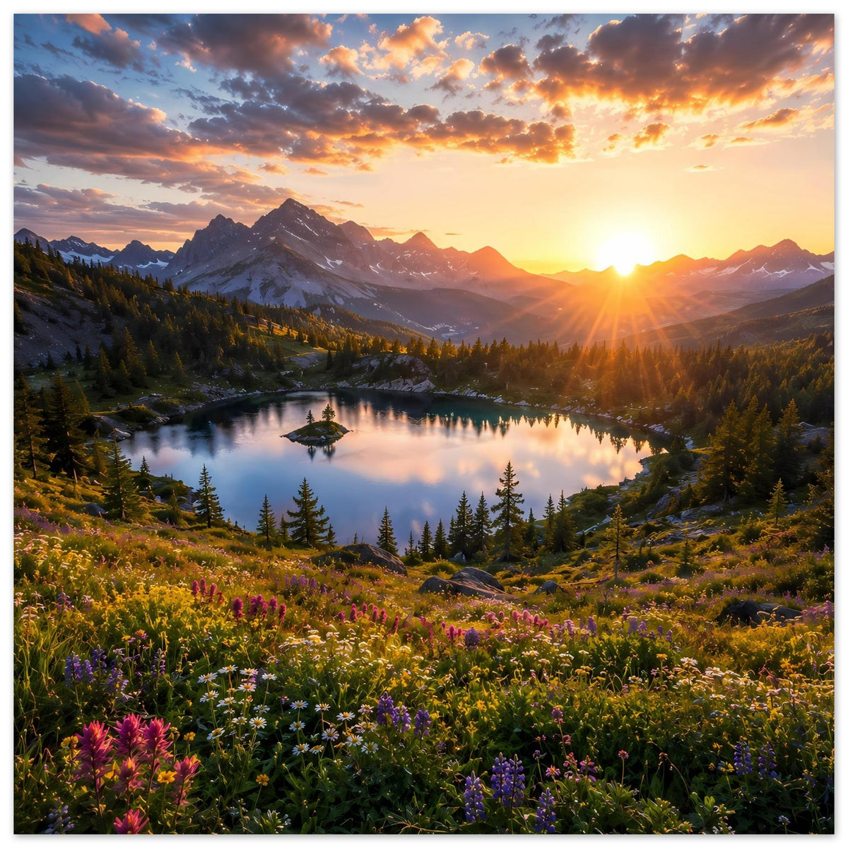 Poster im Hochformat: Bergsee unter warmem Himmel, Berge im Hintergrund, Blumenkranz.