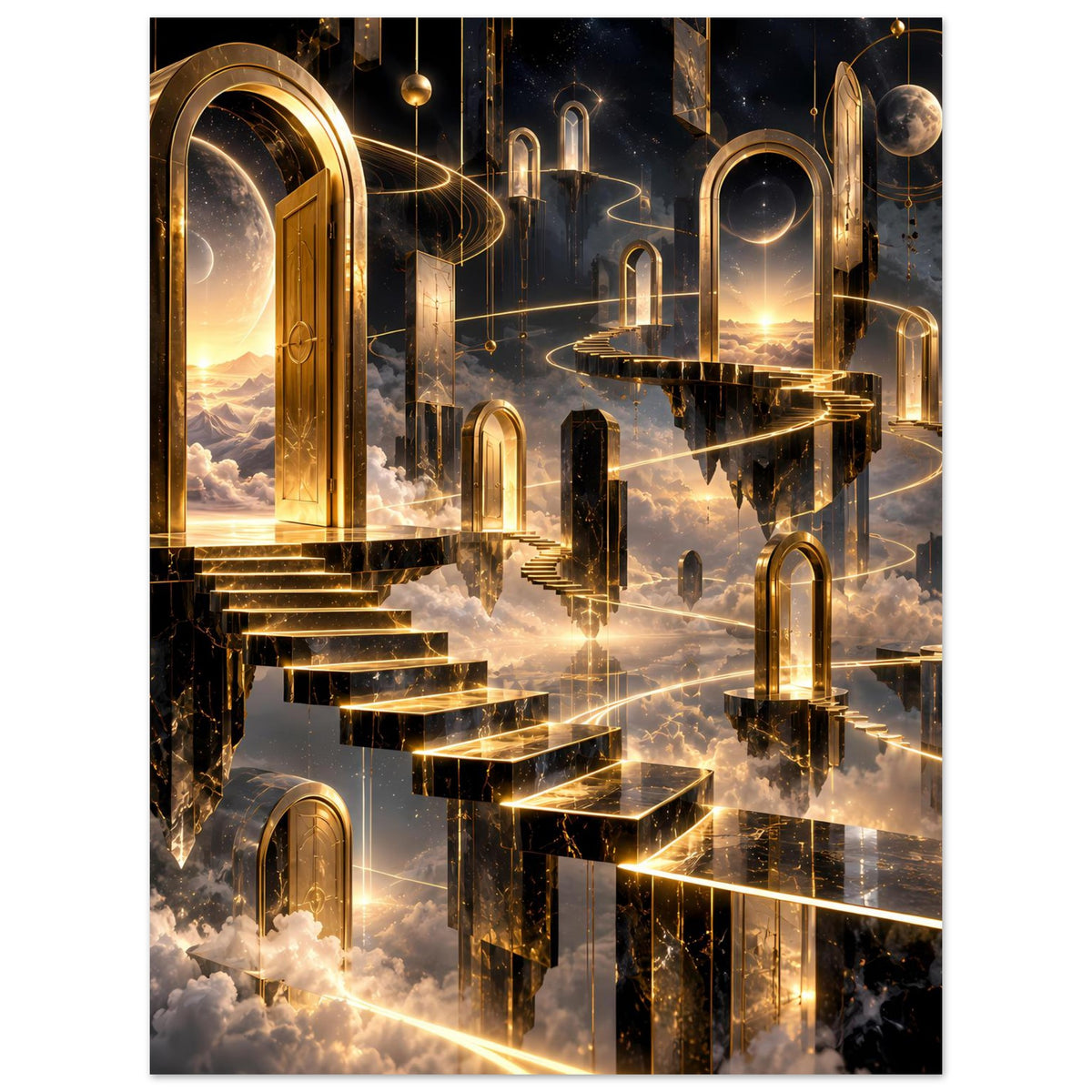 Luxuriöses Poster im Hochformat mit goldenen Türen, Treppen und Wolken darunter