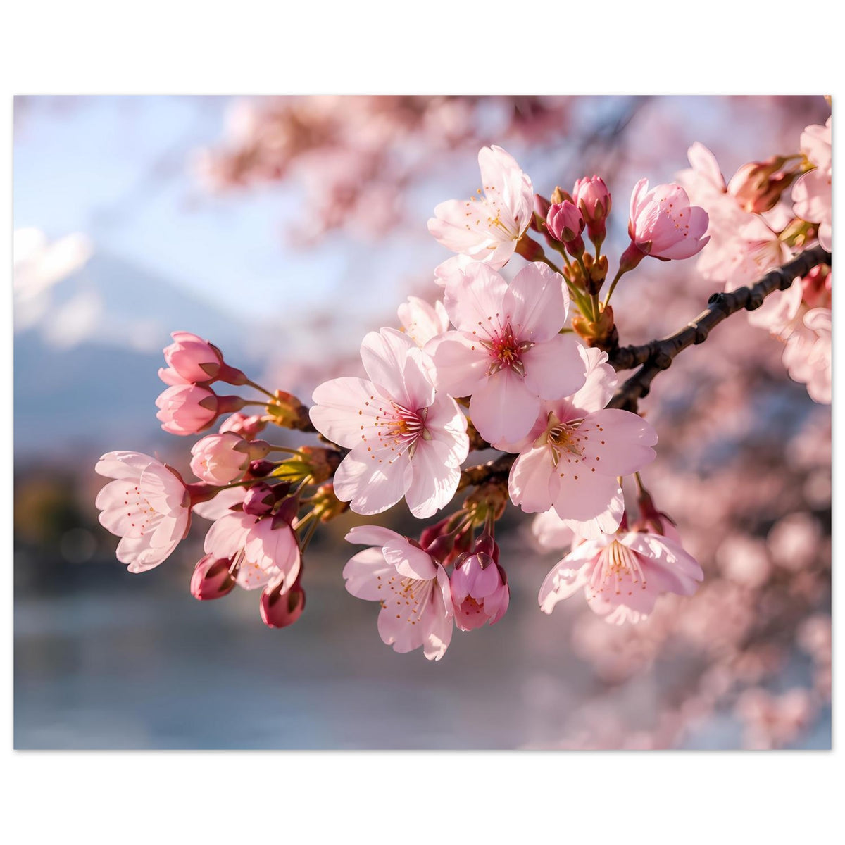 Kirschblüten-Poster mit Kirschblütenzweig, rosafarbenen Blüten und dunklen Ästen
