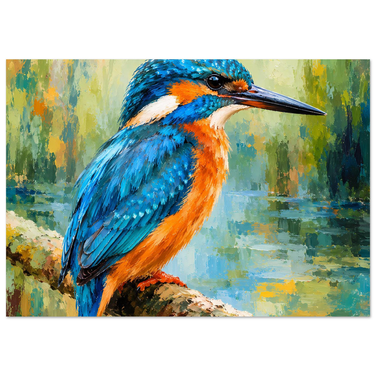 Vogelposter (quer): Eisvogel auf Ast, blau-orangene Farbflächen, großes Motiv im Fokus