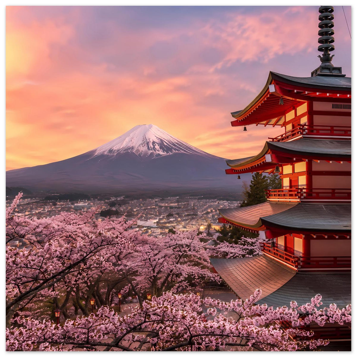 Premium Poster mit Mount Fuji, Kirschblüten und rotem Tempel mit markantem Dach