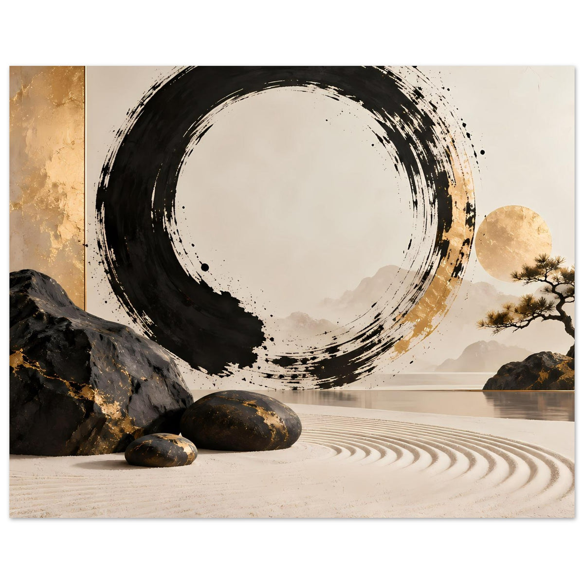 Schwarz-goldenes Zen-Wandbild mit schwungvollem Pinselstrich