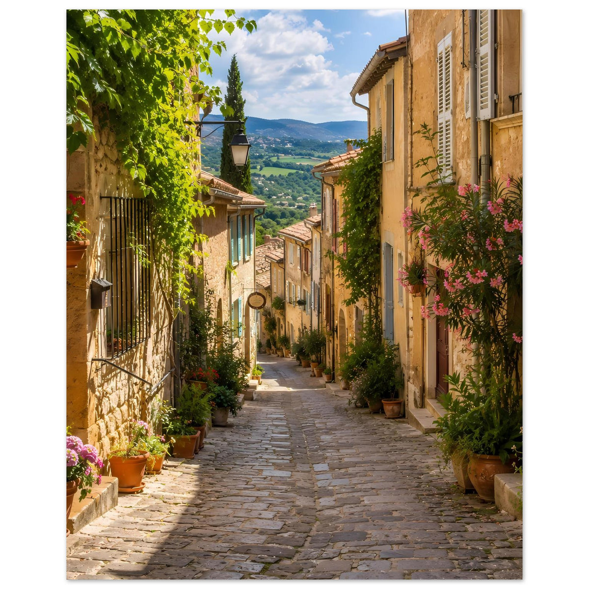 Poster mit mediterraner Gasse, grünen Weinranken, gelben Fassaden und rosa Blüten