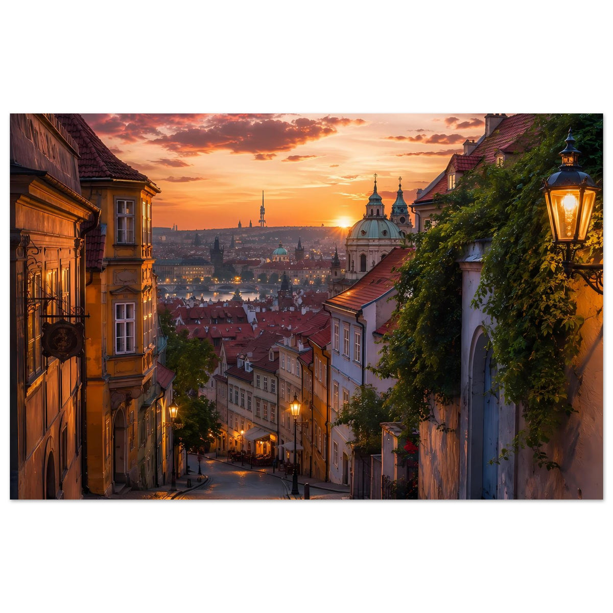 Querformat-Poster: Abendhimmel über Kopfsteinpflastergasse, Laternen und Stadttürme