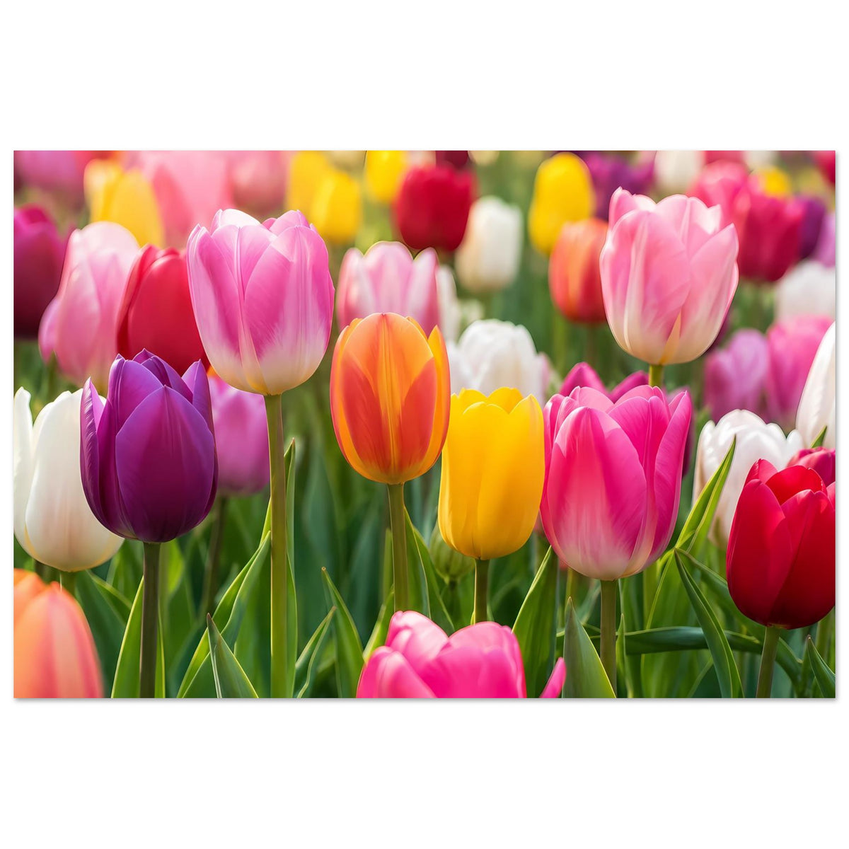 Tulpen-Gartenposter mit verschiedenen Tulpenfarben und grünem Laub, querformatig