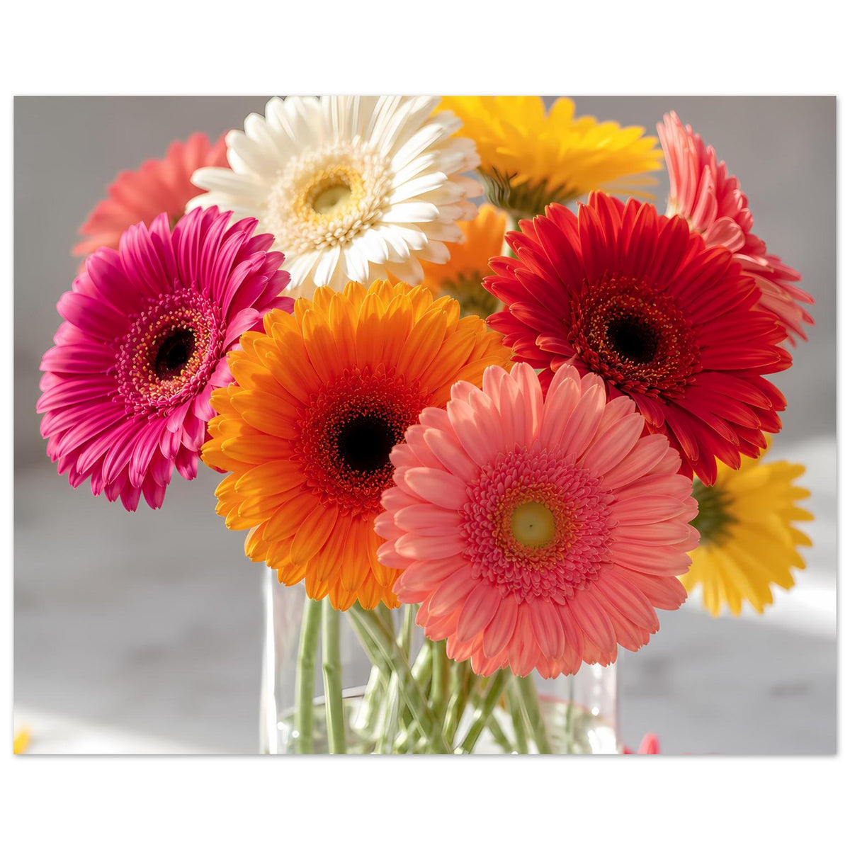 Gerbera-Blumen Poster im Querformat: bunte Blüten und Glasvase, klarer Fokus