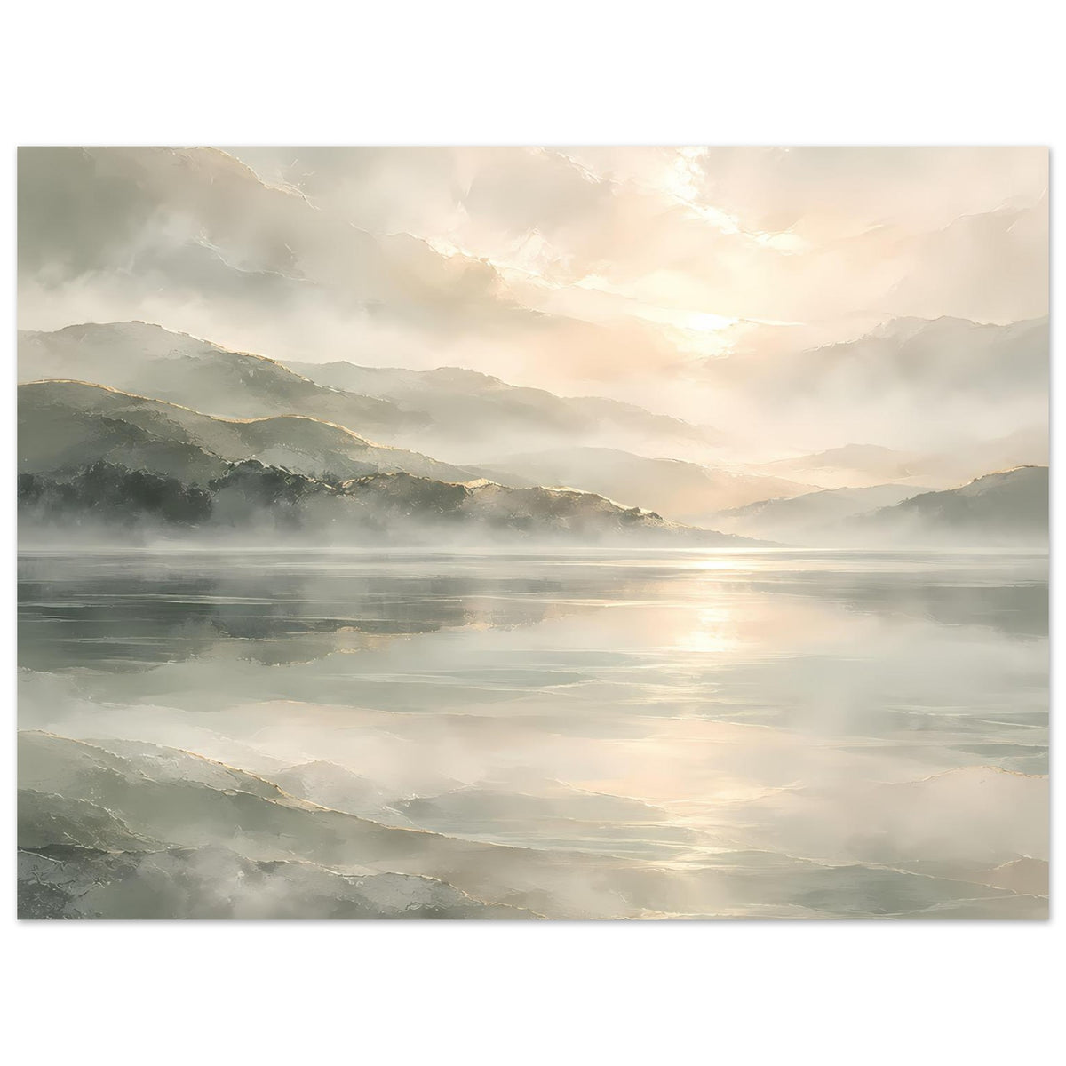 Poster im Querformat: Bergsee-Landschaft mit Lichtschein auf dem Wasser, matt