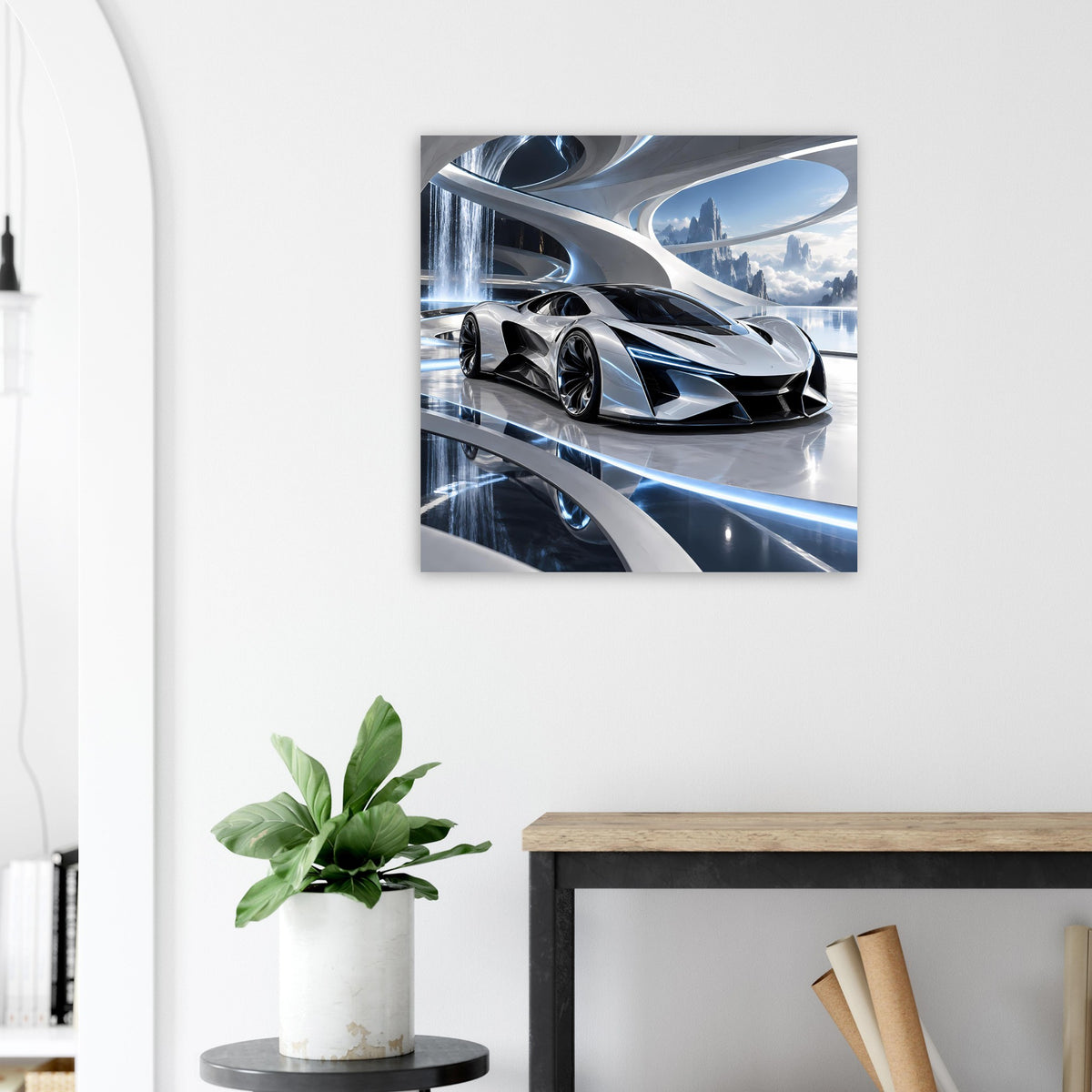 Quadratisches Poster mit silbernem Supersportwagen und blauem Lichtdesign