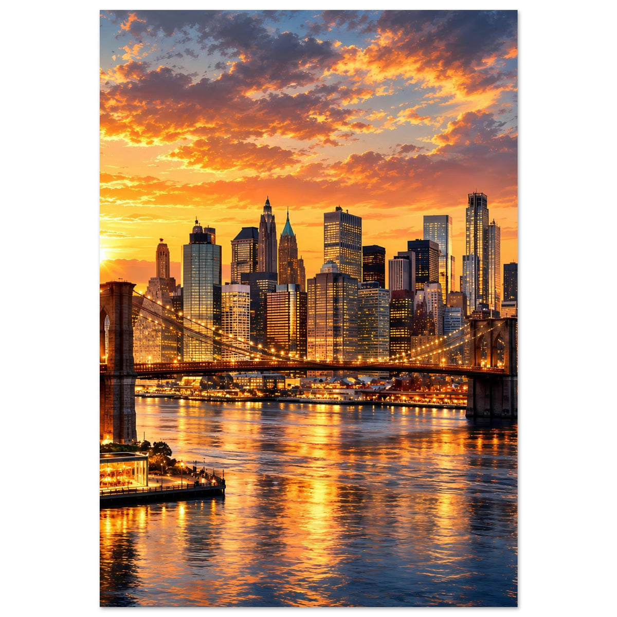 Poster mit New-York-City-Skyline im Sonnenuntergang, Brücke, Wolken und City-Lichter