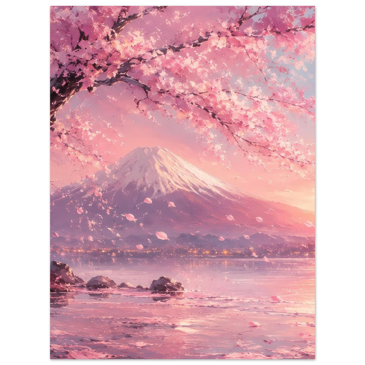 Vertikales Poster mit Berg Fuji, Kirschblütenzweigen und rosafarbenem See