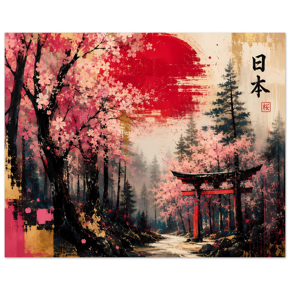 Querformat-Poster: Kirschblüten im Vordergrund, roter Farbverlauf und Torii rechts