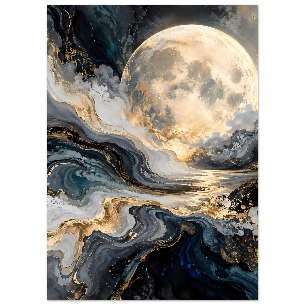 Mondposter hochkant mit Vollmond über abstrakter Flusslandschaft in Blau und Gold