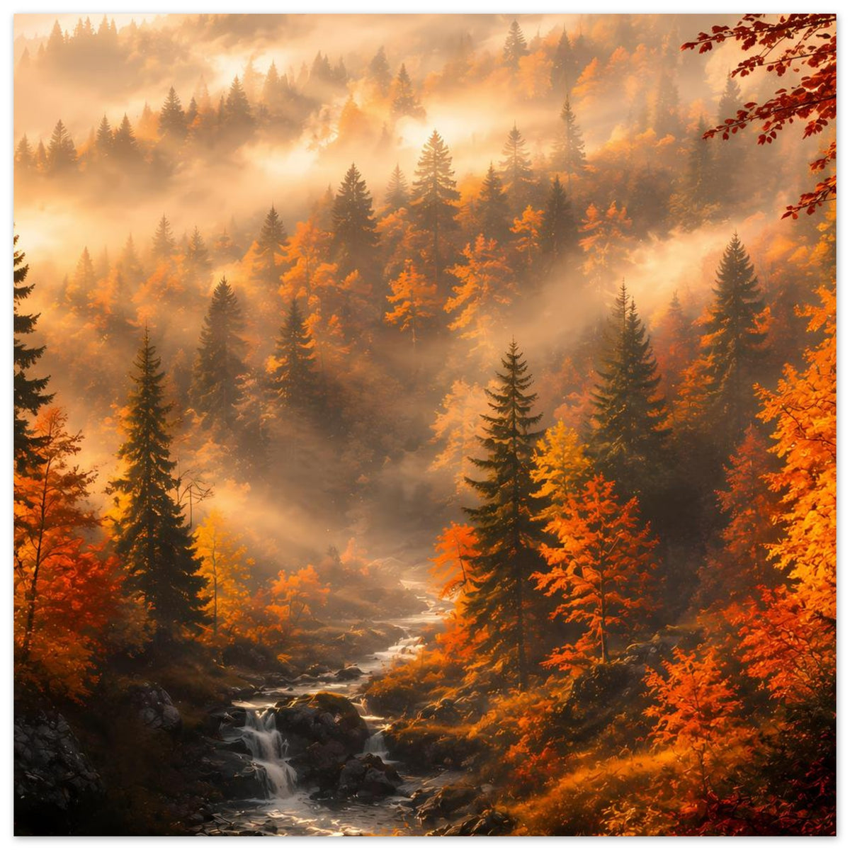 Herbstlandschaft-Poster mit Tannenwald, Nebel und herbstlich leuchtenden Baumkronen