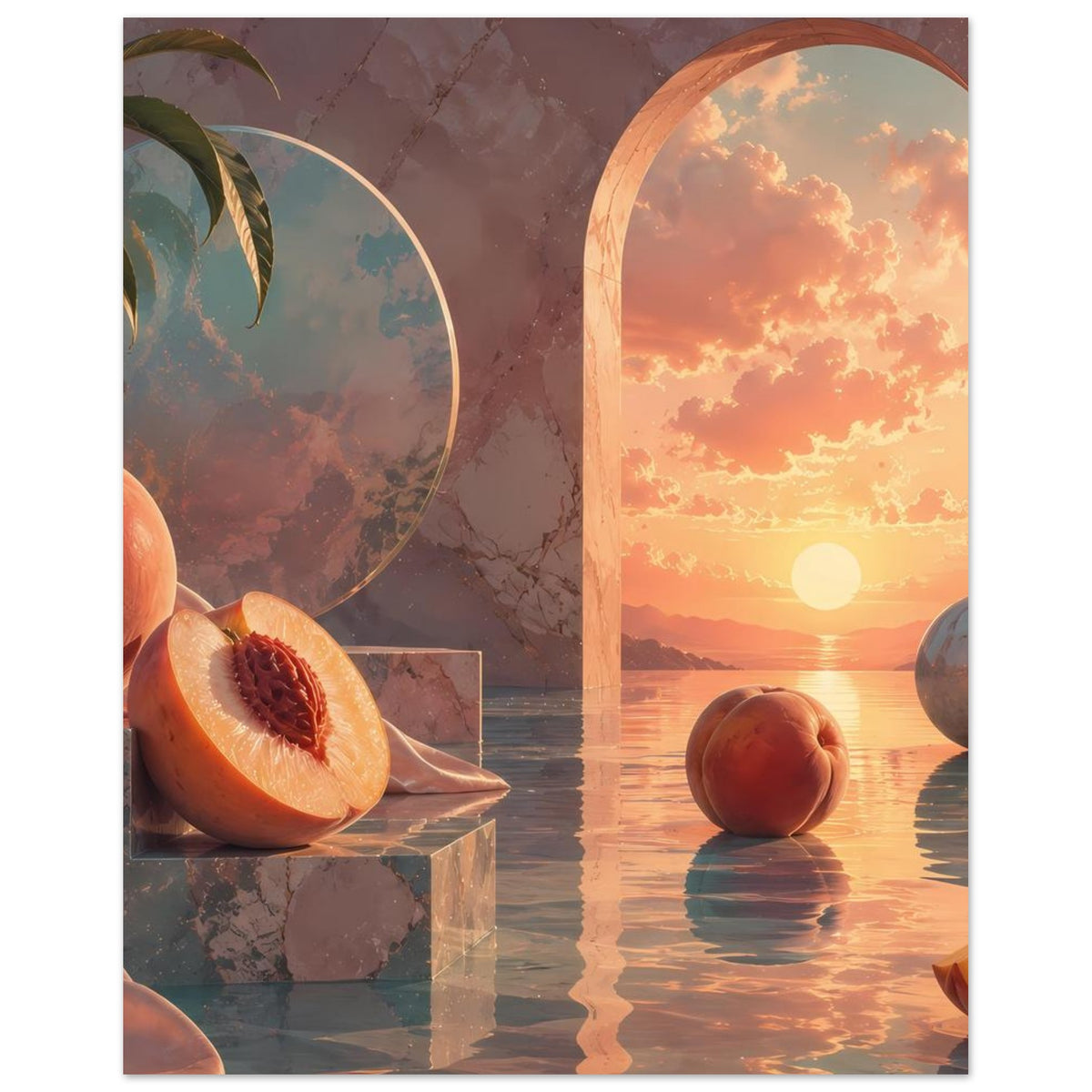Poster mit Pfirsich-Stillleben: aufgeschnittener Pfirsich, Obst auf Glasblöcken, Sonnenuntergang